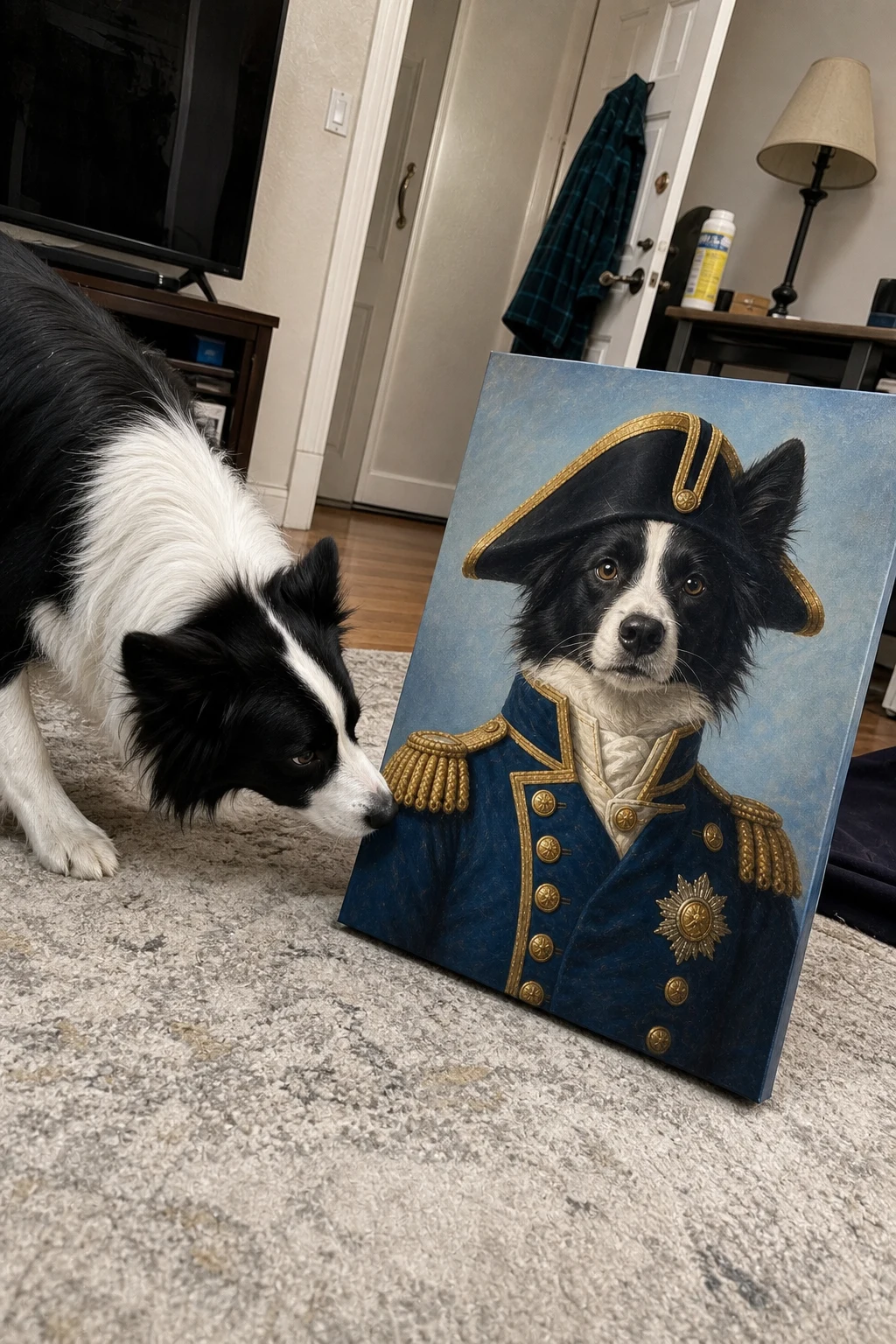 A real Border Collie sniffs a canvas print on a rug, which features an oil painting of the dog dressed as a naval commander.