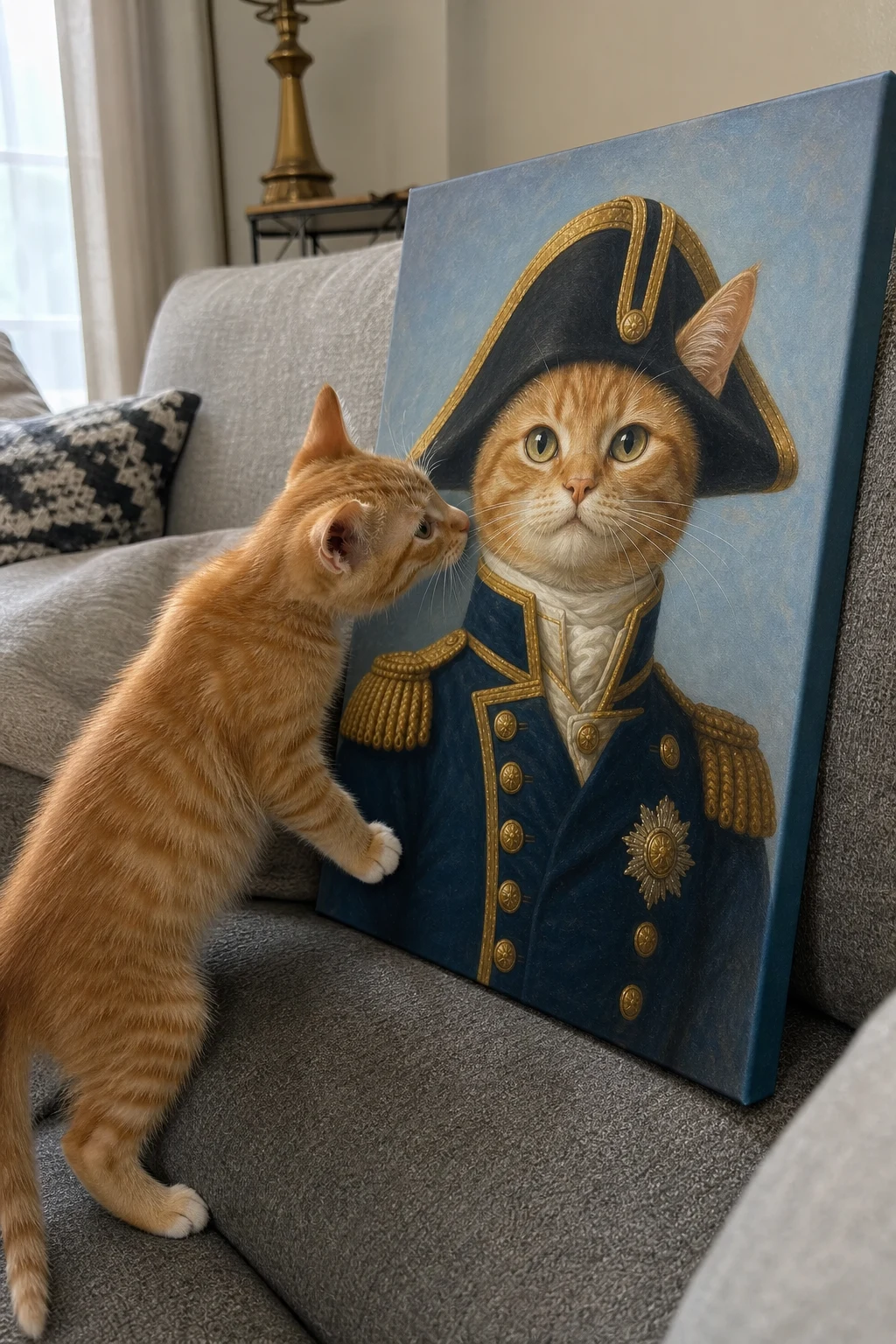 An orange tabby kitten sniffs a canvas print on a sofa. The canvas features an oil painting of the same kitten dressed as a naval commander.
