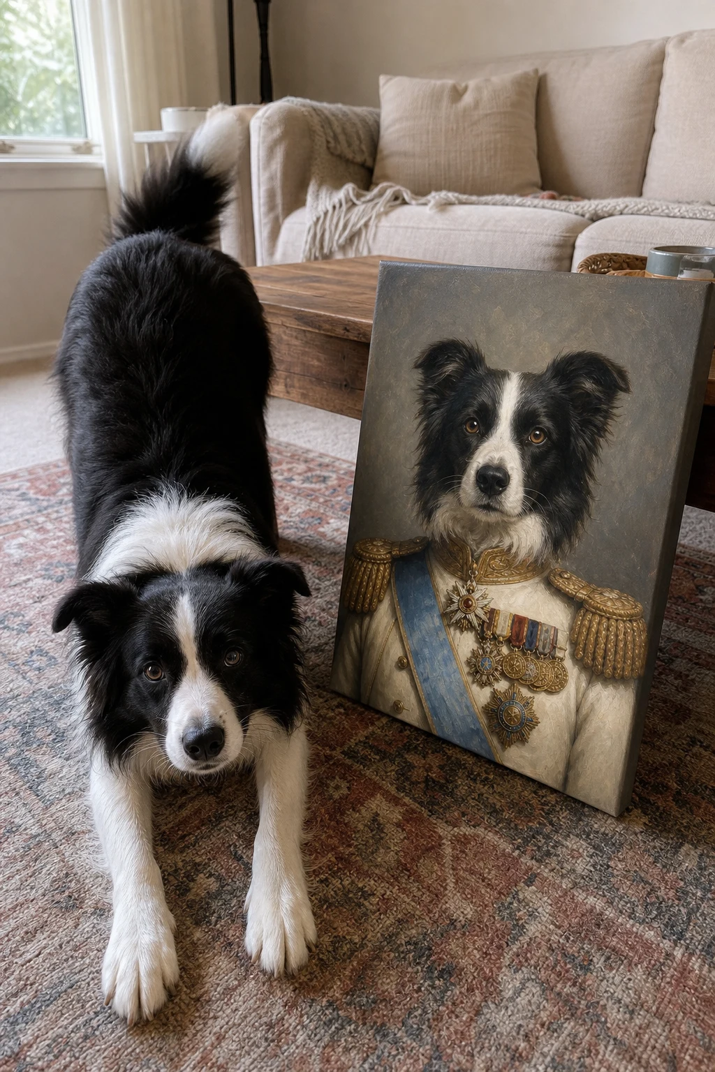 Candid photo of a Border Collie stretching playfully next to a canvas print showing the same dog painted as a royal ambassador in uniform.