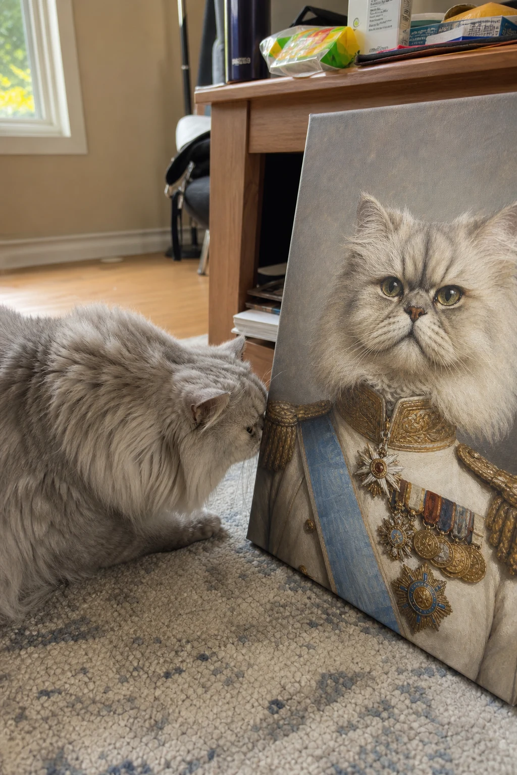 A real Maine Coon cat sniffing a canvas print on the floor, which features an oil painting of the same cat in an ambassador uniform.