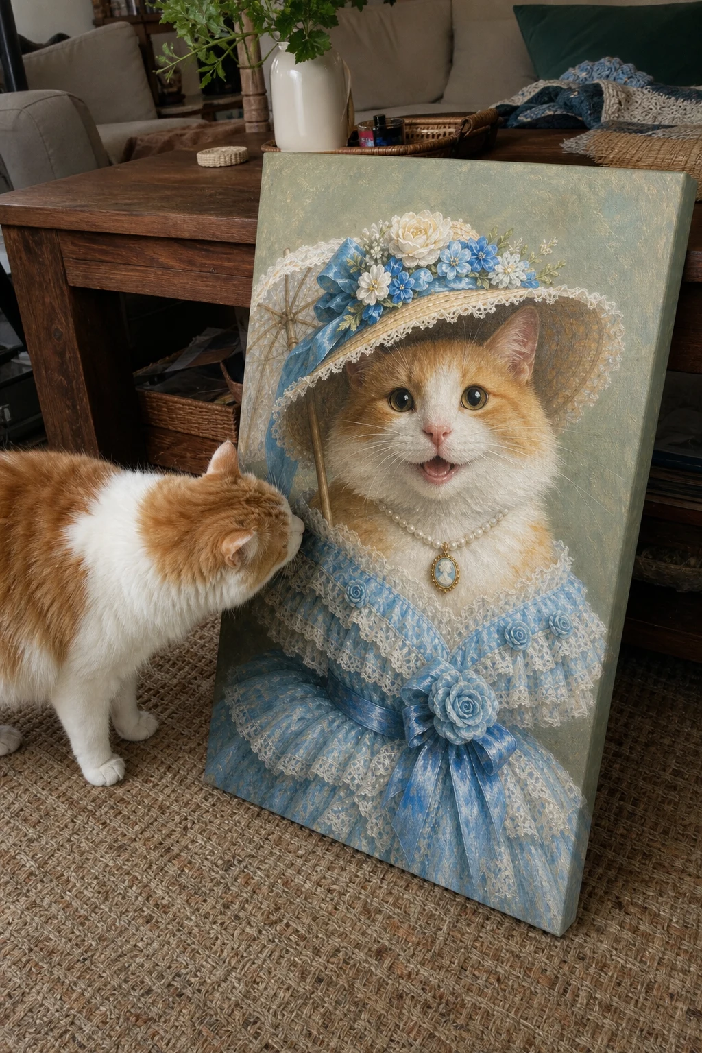 A candid snapshot of an orange-and-white cat sniffing a canvas print leaning on a table, which depicts the same cat as a Southern belle.