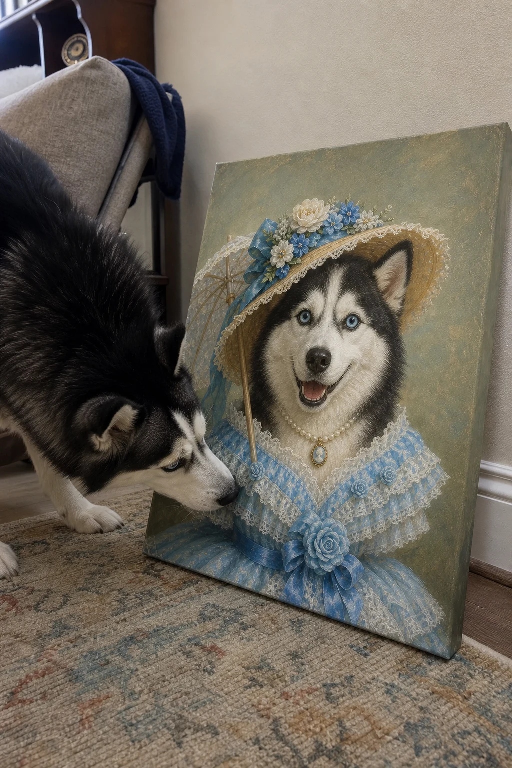A candid snapshot of a real Siberian Husky sniffing a canvas print that depicts the same dog painted as a Southern belle in a blue gown.