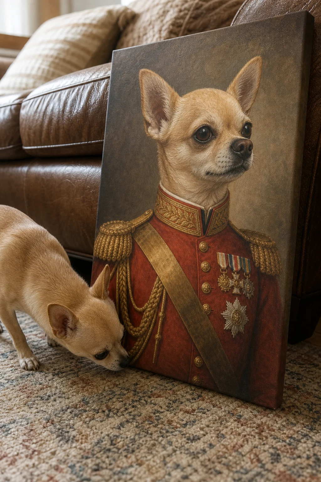 A candid smartphone photo of a real Chihuahua sniffing a large frameless canvas print of itself painted as a colonel in a red uniform.