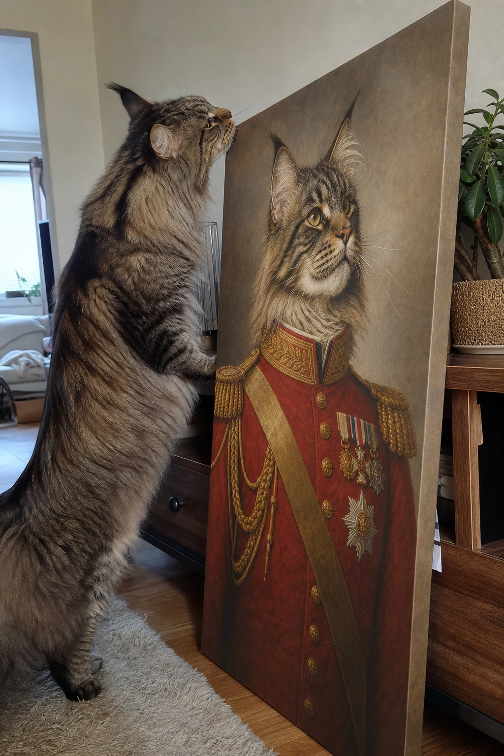 A fluffy Maine Coon cat curiously sniffs a canvas leaning on a table, featuring a fine-art painting of itself dressed as a royal colonel.