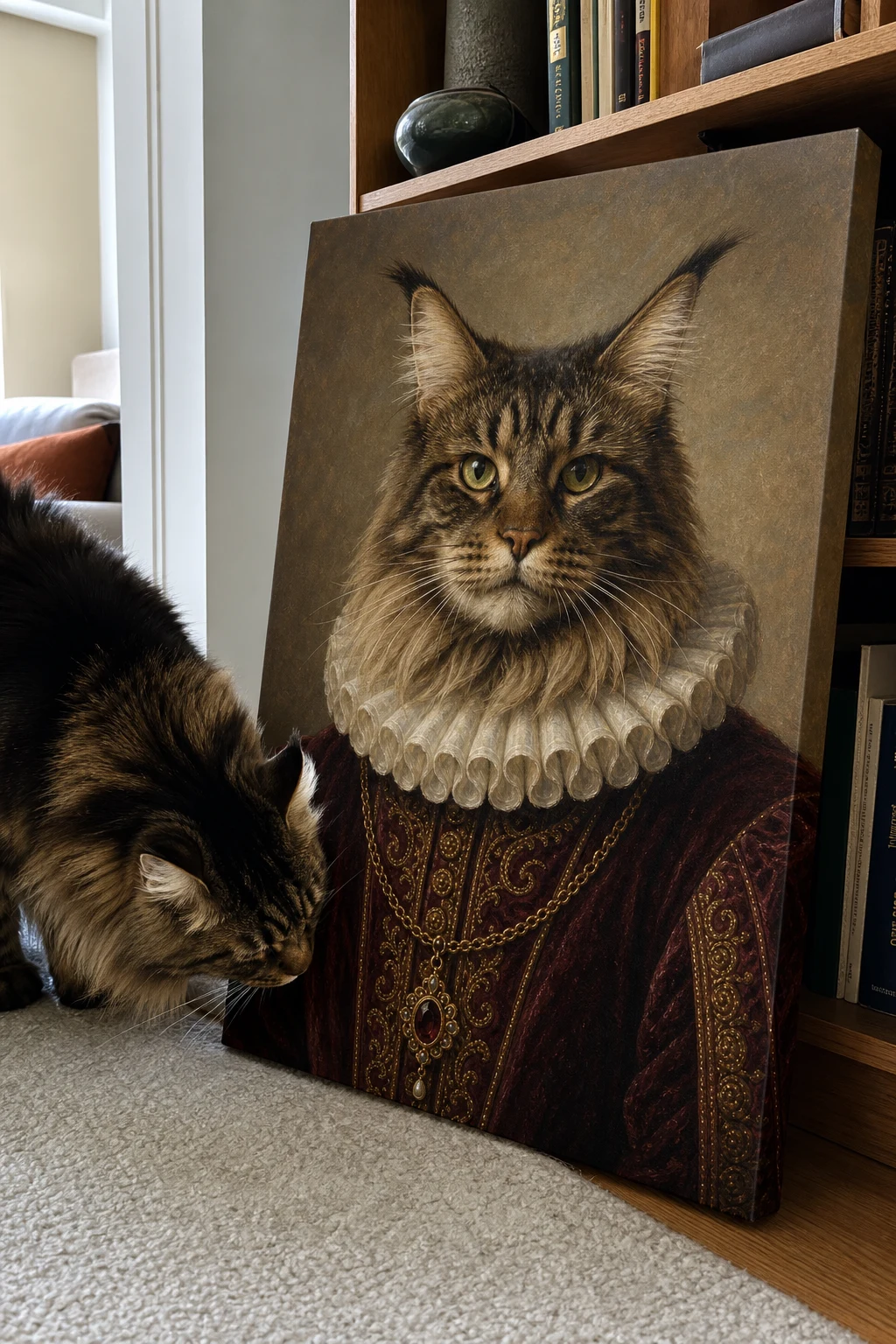 Candid snapshot of a real Maine Coon cat curiously sniffing a gallery-wrapped canvas print featuring a Renaissance portrait of itself.