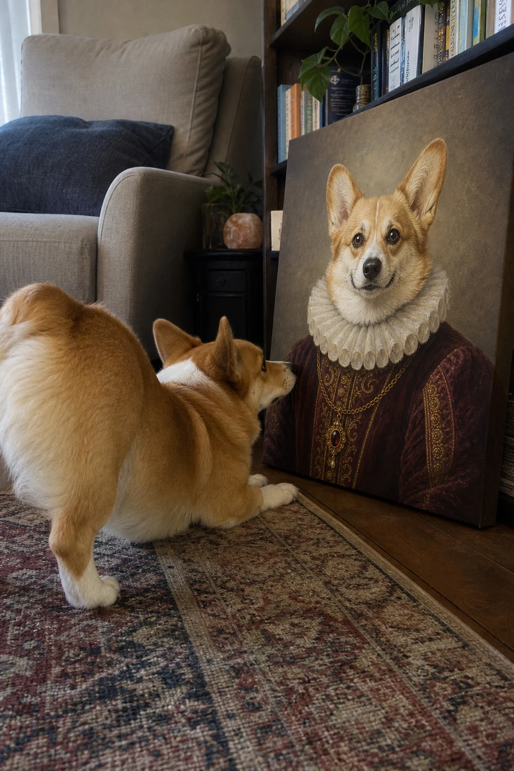 A real Corgi sniffing a canvas print resting on a living room floor, which features the same dog painted as a Renaissance noble.