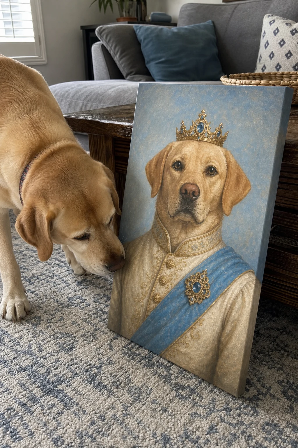 Candid photo of a real Labrador sniffing a canvas print leaning against a table. The canvas shows a painting of the dog as a royal prince.