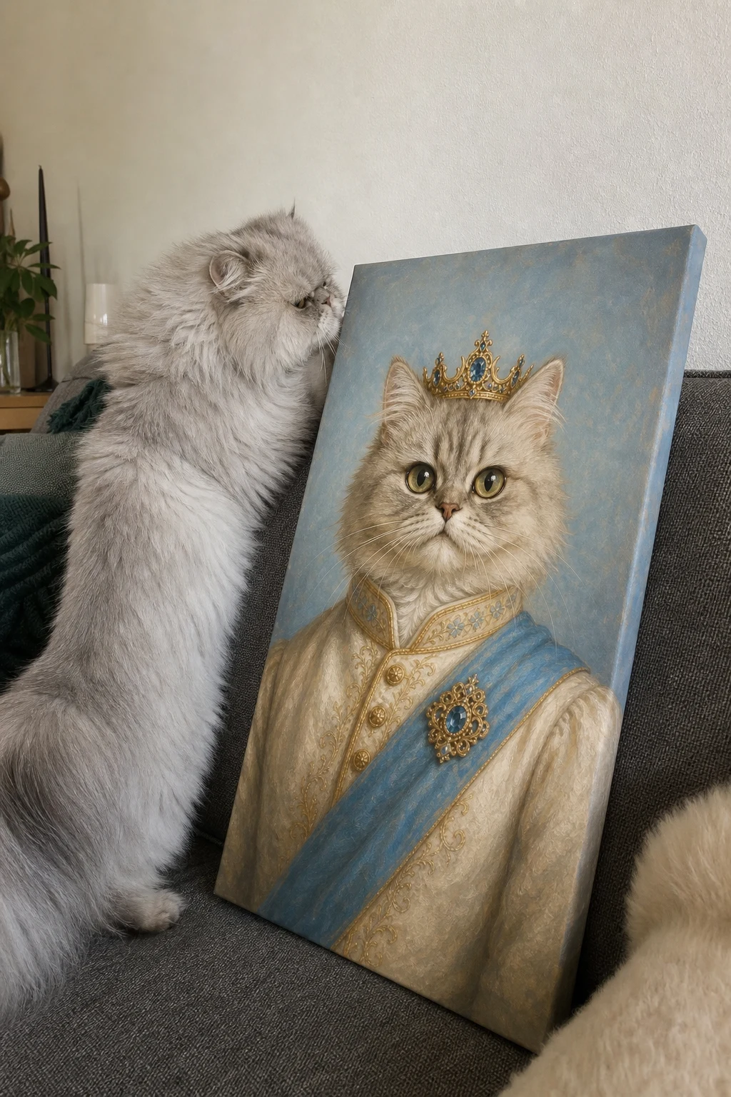 A fluffy Persian cat sniffing a canvas print leaning on a sofa. The canvas shows an oil painting of the same cat dressed as a royal prince.