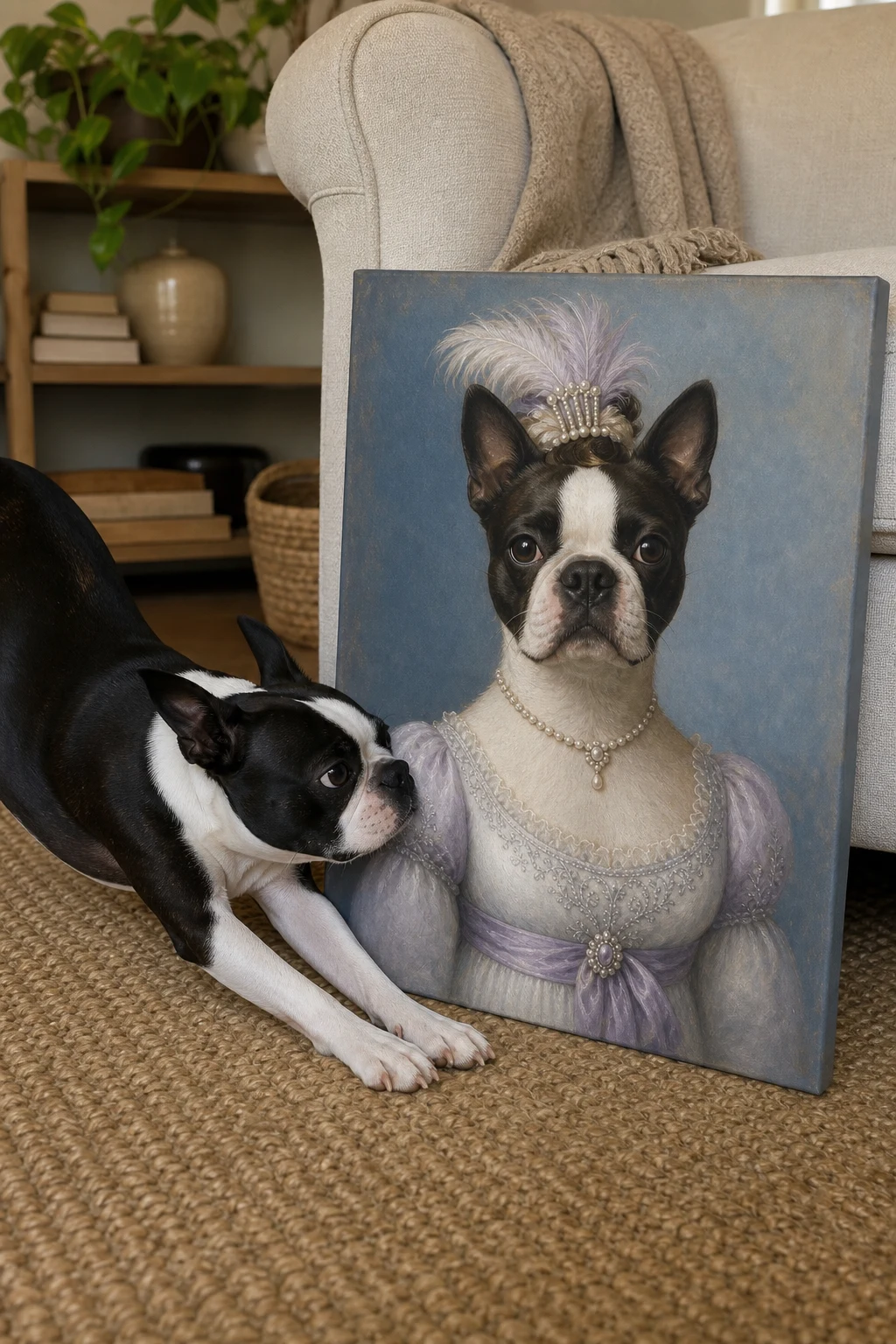 Candid home photo of a Boston Terrier sniffing a canvas print. The canvas shows the same dog painted as a Regency lady in a lilac gown.
