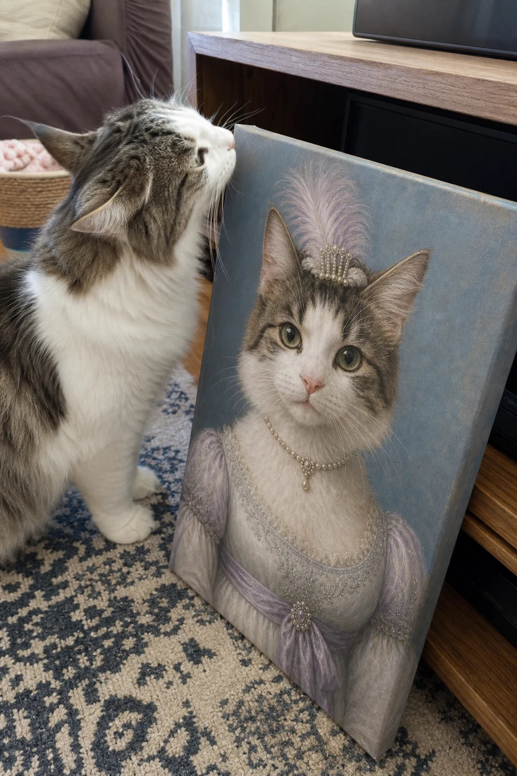 A candid photo of a real cat sniffing a canvas print leaning on a shelf, showing an oil painting of the same cat in a Regency lilac gown.