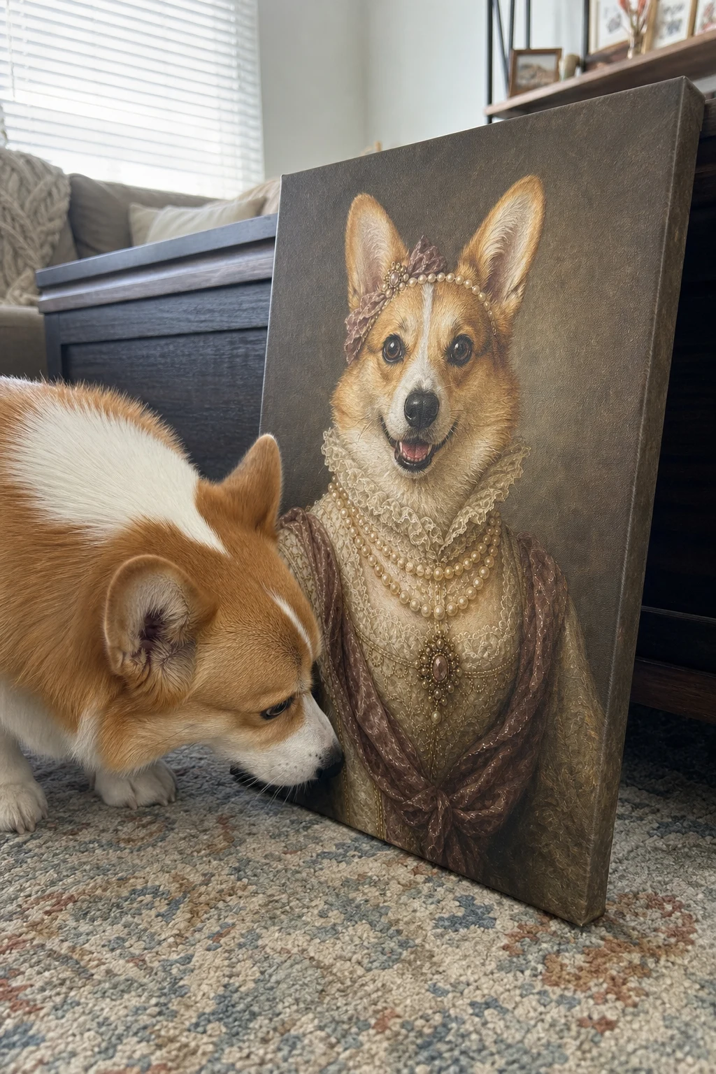 A candid photo of a real Corgi curiously sniffing a canvas print leaning on a rug. The canvas shows the same dog painted as a royal duchess.