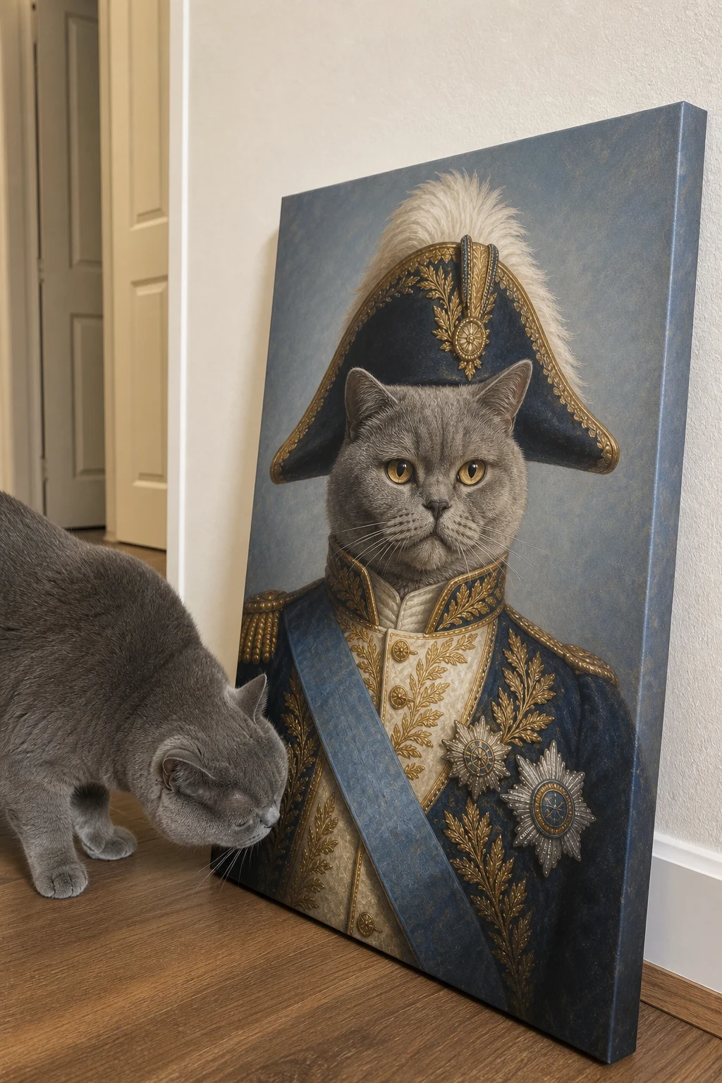 A real British Shorthair cat playfully sniffing a canvas print of itself painted as a grand royal emperor in a deep blue coat and hat.