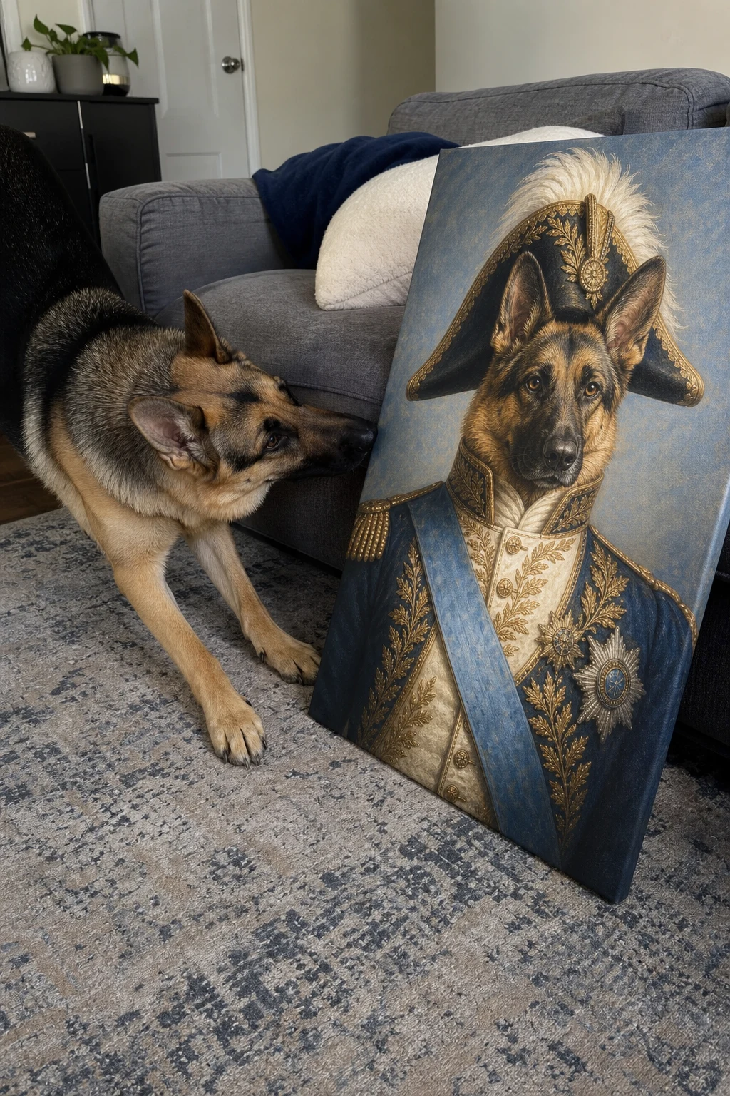 A candid photo of a German Shepherd sniffing a floor canvas print that features an oil painting of the same dog as a royal emperor.