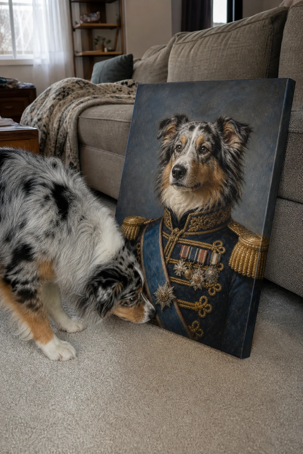 Candid photo of a real Australian Shepherd sniffing a canvas print of itself painted as a decorated general in a historical uniform.
