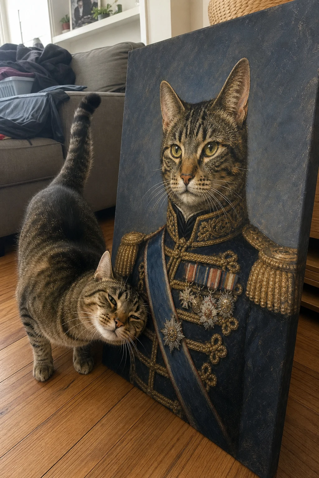 A real tabby cat rubs its cheek against a canvas print on the floor. The canvas shows a painted portrait of the cat dressed as a general.