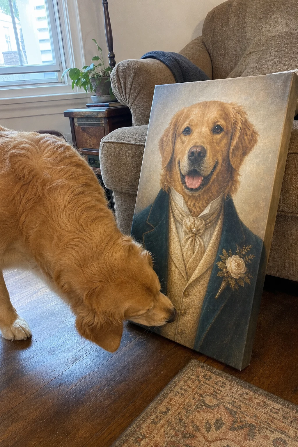 A real Golden Retriever in a living room sniffing a canvas print of itself painted as a Victorian gentleman in a teal coat.