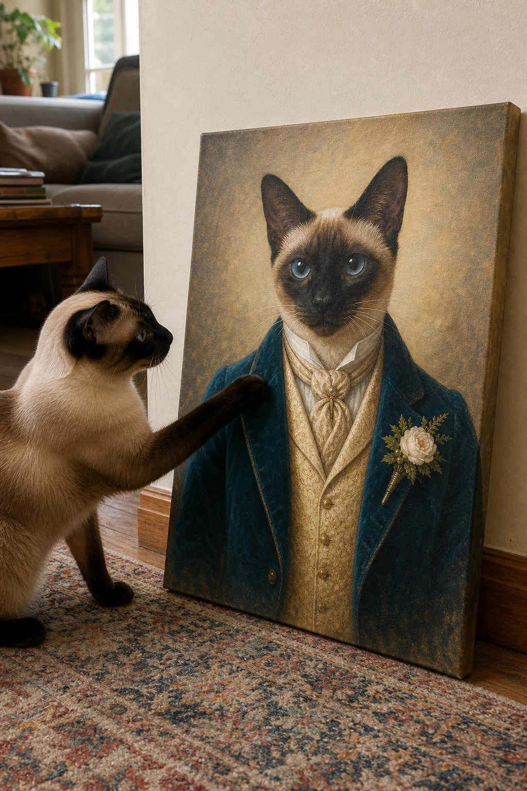 A candid home snapshot of a Siamese cat pawing at a canvas print of itself painted as a Victorian gentleman in a teal velvet coat.
