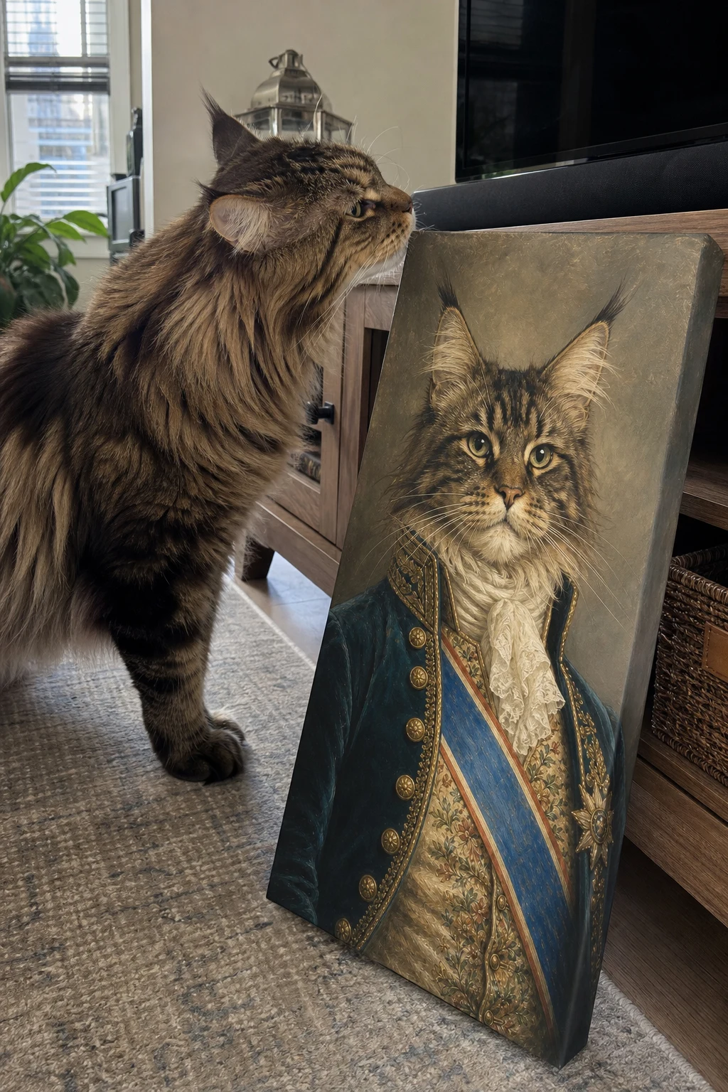Candid photo of a real Maine Coon cat sniffing a canvas print on the floor, which depicts the same cat painted as a royal duke.