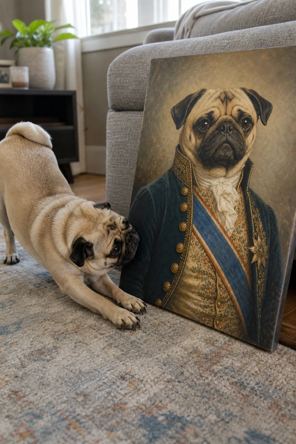 Candid photo of a real Pug sniffing a canvas print on the floor, featuring an oil painting of the same Pug dressed as a noble duke.