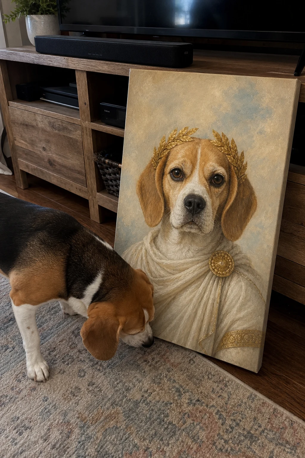Candid photo of a real Beagle sniffing a canvas print on the floor. The canvas features an oil painting of the same dog as a Greek goddess.
