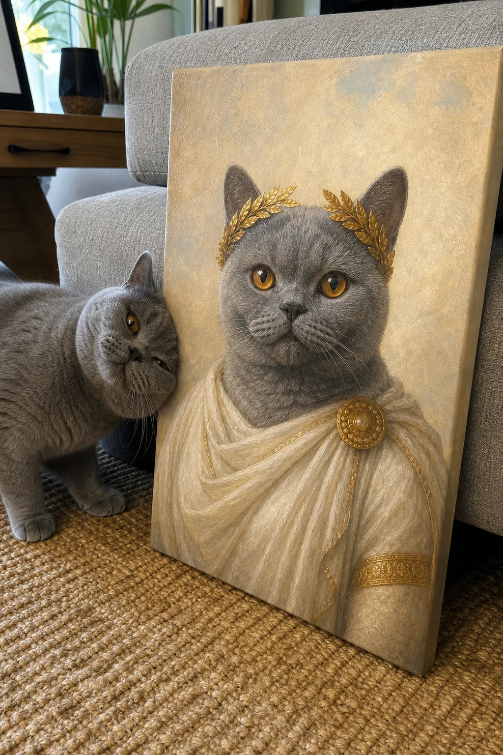 Candid snapshot of a real British Shorthair cat rubbing its face against a canvas print featuring an oil painting of itself as a goddess.