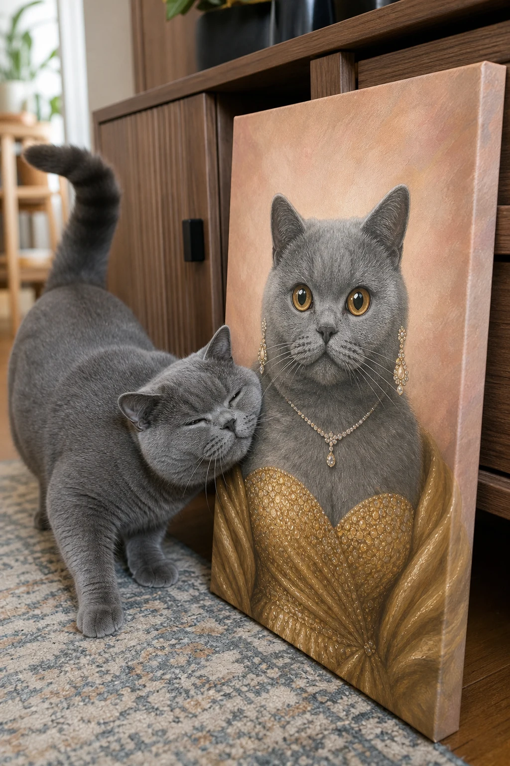Candid shot of a British Shorthair cat nudging a canvas print at home. The canvas shows a painting of the same cat in a gold gala gown.