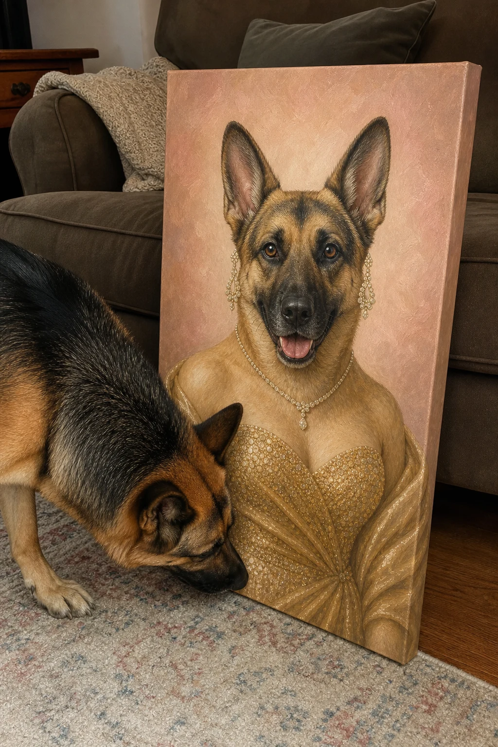 A real German Shepherd sniffing a canvas print on a living room floor. The canvas shows the same dog painted in a glamorous gold gown.