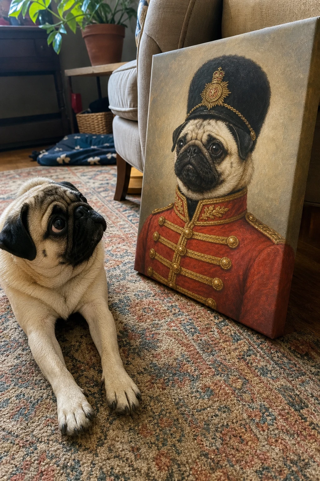 A real Pug stretching on a living room rug next to a gallery-wrapped canvas print of itself painted as a royal palace guard.
