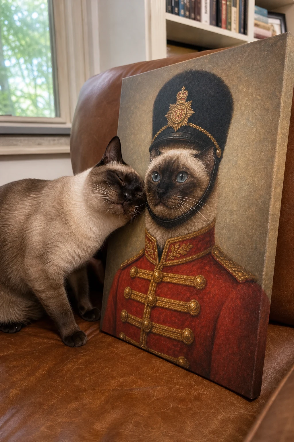 Candid photo of a real Siamese cat rubbing against a canvas print of itself painted as a royal palace guard in a red tunic.