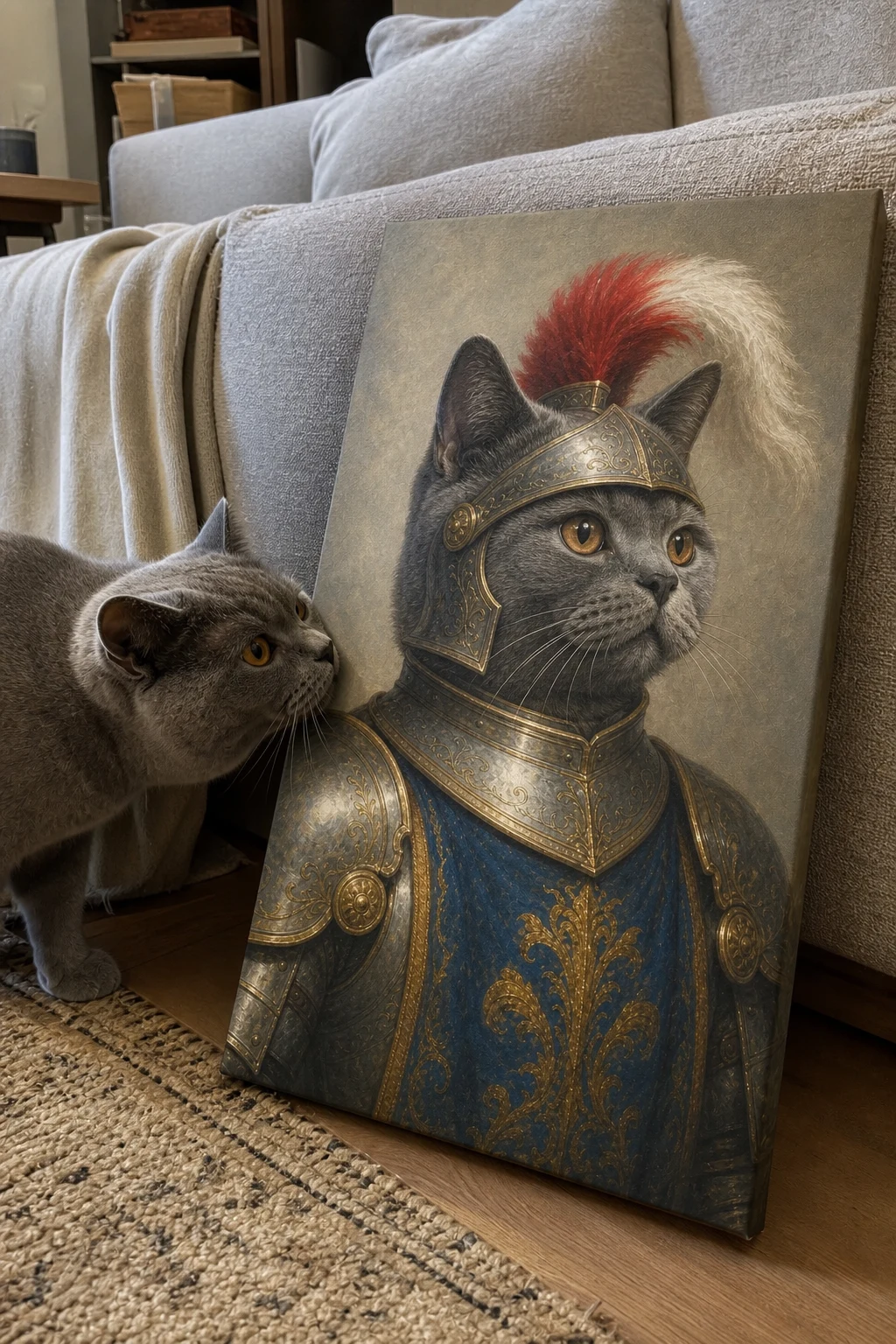 A real British Shorthair cat sniffs a canvas print on the floor of itself painted as a gallant knight in armor.