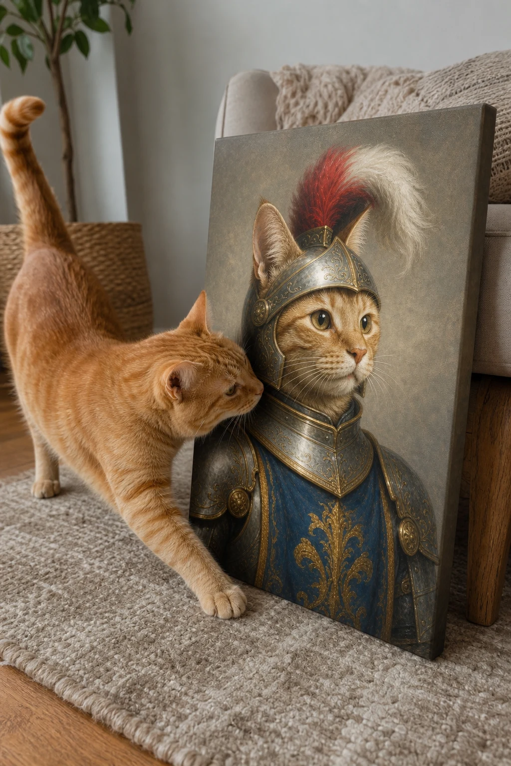 An orange tabby sniffs a canvas resting on the floor, which depicts the same cat painted as a noble knight in shining silver and gold armor.