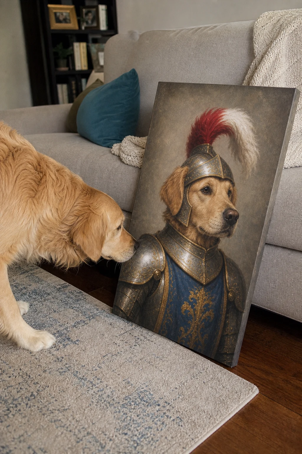 A candid photo of a real Golden Retriever sniffing a canvas print propped on a sofa, showing an oil painting of the dog as a knight.