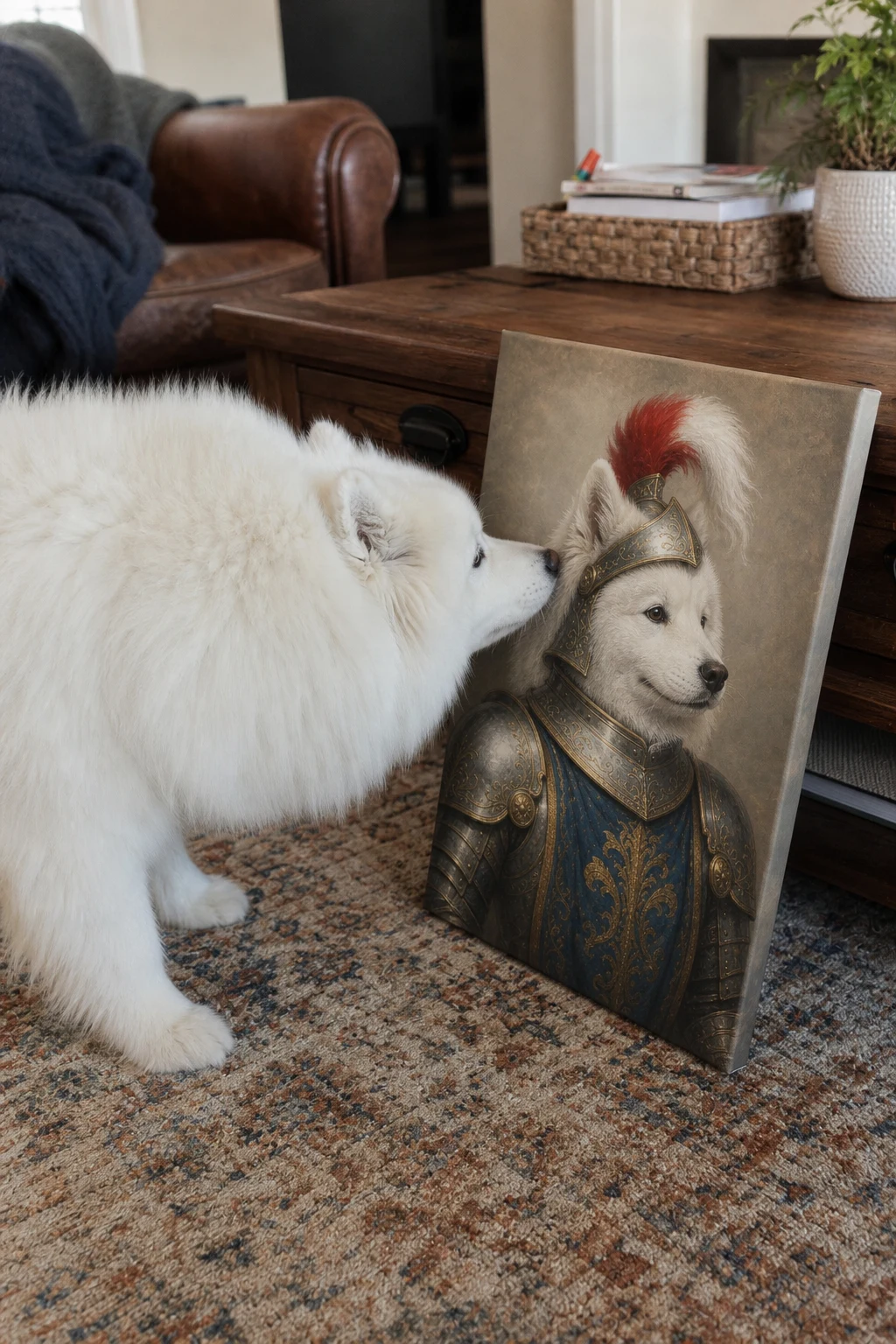 A real Samoyed dog sniffs a canvas print propped on a rug, showing a painted portrait of the same dog dressed as a knight in royal armour.