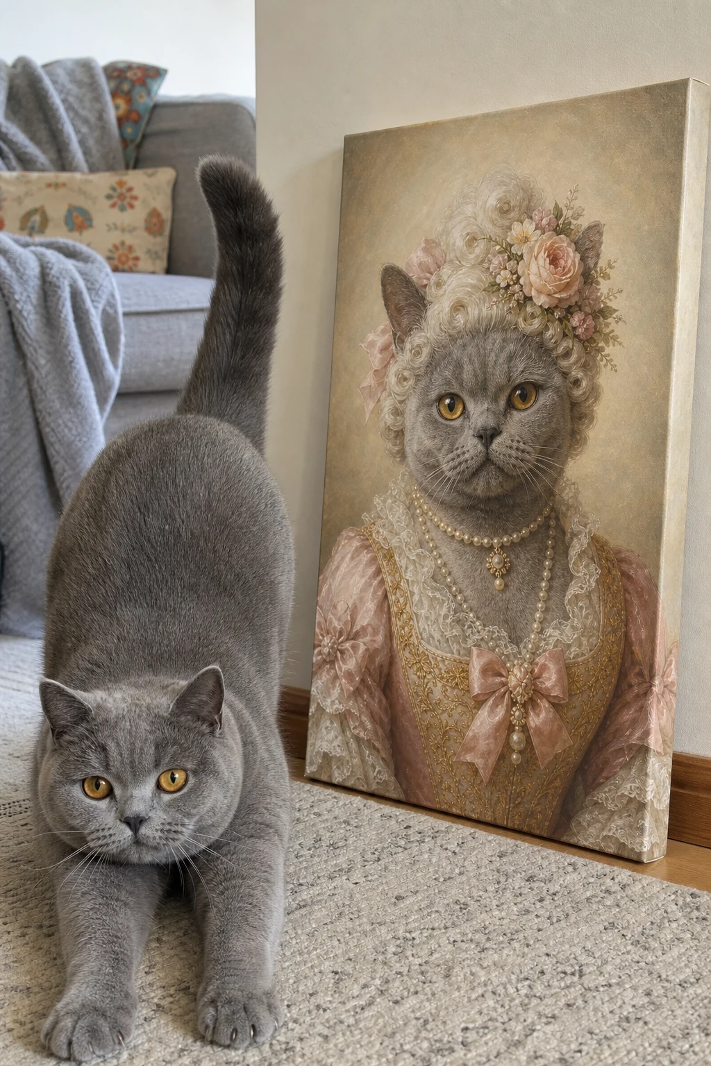 A real British Shorthair cat stretches on a rug next to a wrapped canvas print showing itself painted as an elegant Rococo court lady.