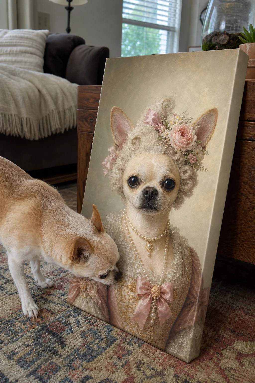 Candid photo of a real Chihuahua sniffing a canvas print in a living room. The canvas shows the same dog painted as a Rococo court lady.