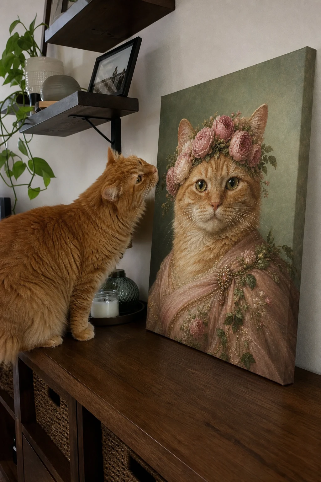 Candid snapshot of an orange tabby cat sniffing a canvas print of itself painted as a floral monarch in a pink gown leaning on a table.