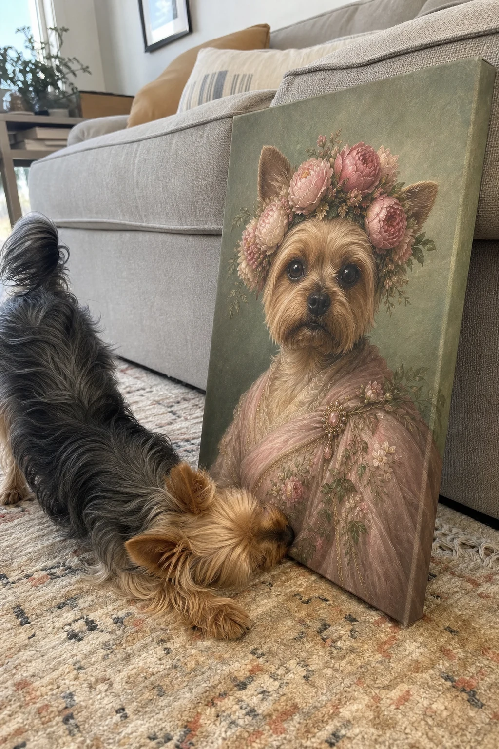 A real Yorkshire Terrier on a rug next to a canvas print featuring a painting of the same dog dressed as a flower-crowned monarch.