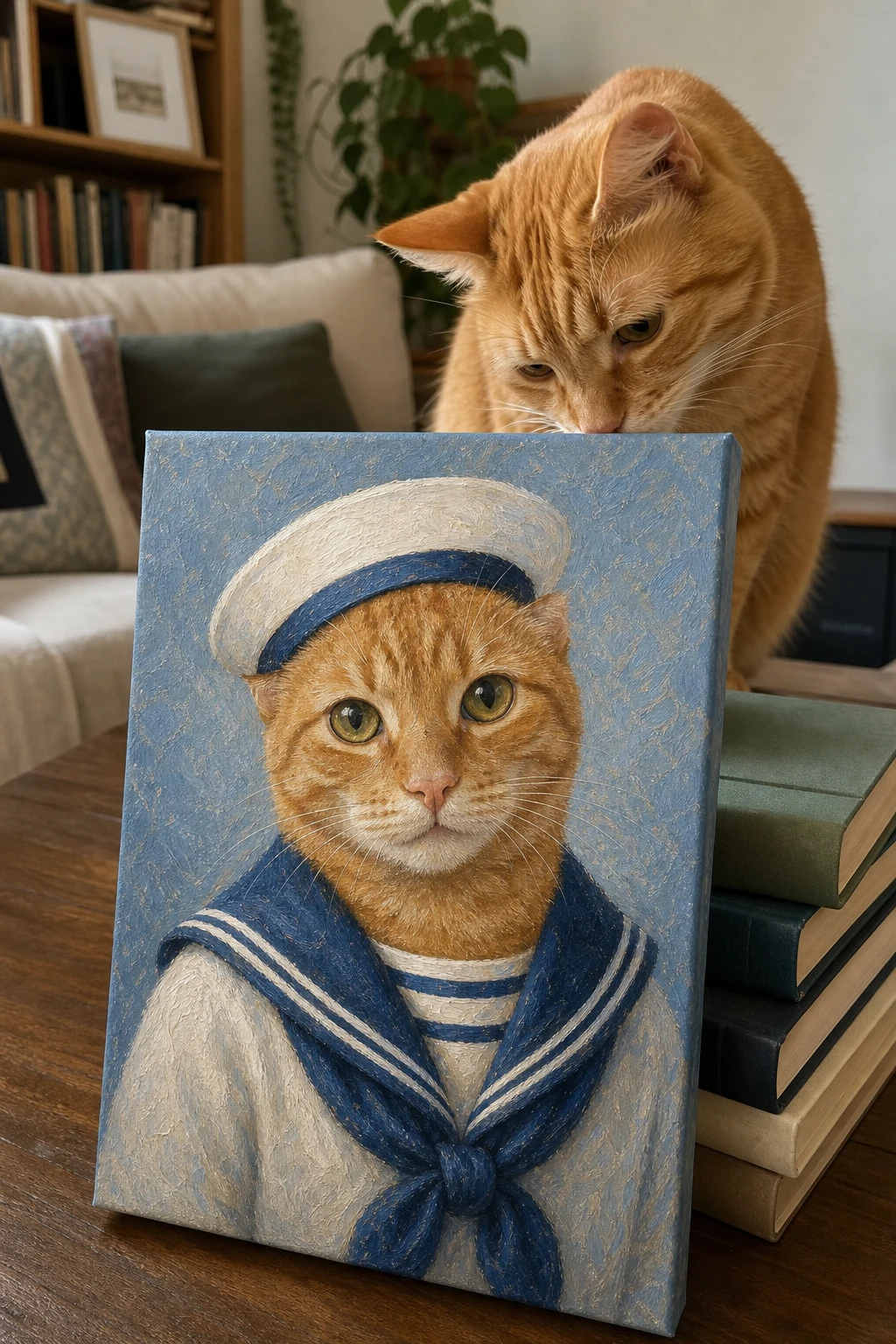 An orange tabby cat curiously sniffs a canvas print resting on a table, which features an Impressionist painting of the cat as a sailor.