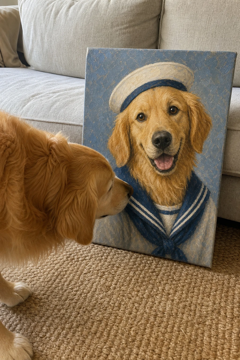 Real Golden Retriever sniffing a canvas print in a living room. The print features an oil painting of the same dog dressed as a sailor.