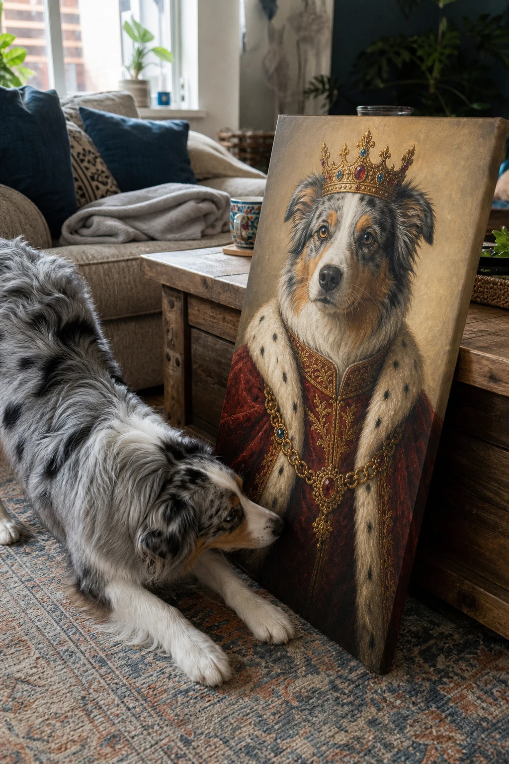 Candid snapshot of an Australian Shepherd dog sniffing a canvas art print of itself painted as a regal king, leaning against a coffee table.