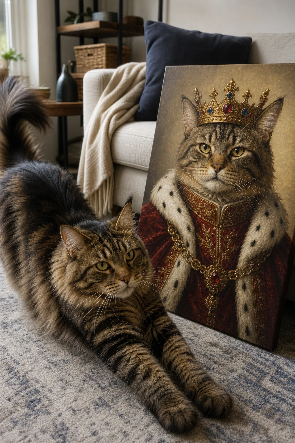 A fluffy Maine Coon cat stretches on a rug next to a frameless canvas print showing an oil painting of the same cat dressed as a king.
