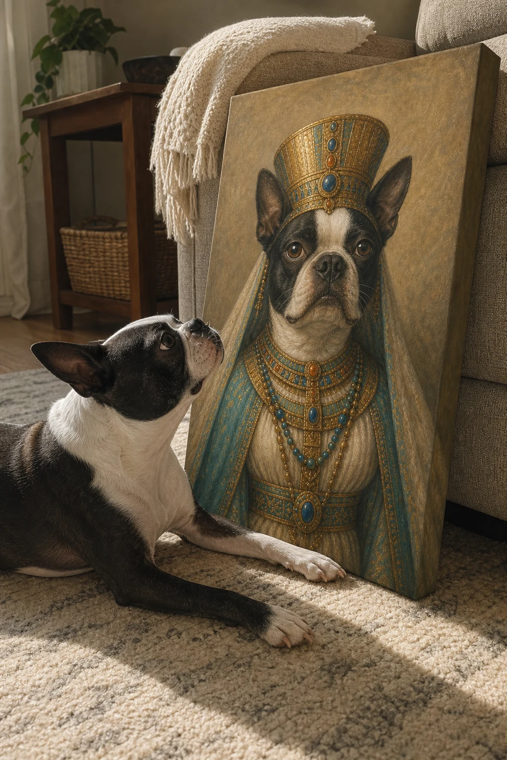 Candid photo of a real Boston Terrier sniffing a gallery-wrapped canvas print of itself painted as a regal Nubian queen in a home setting.