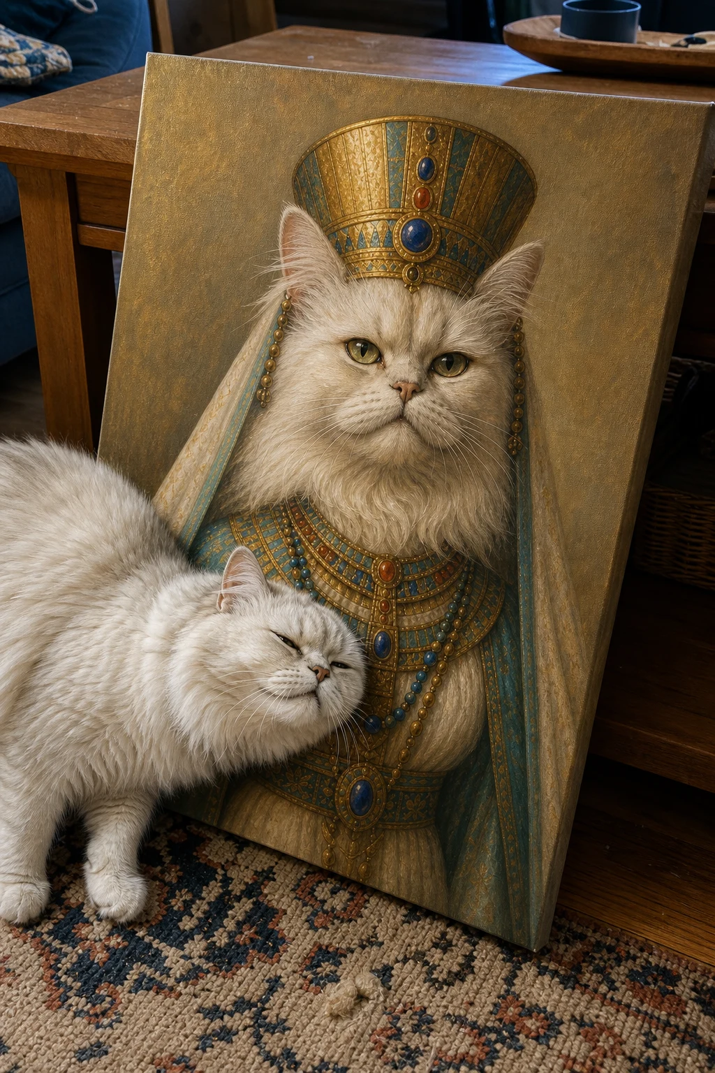 Candid photo of a real cat rubbing its cheek against a canvas print of itself painted as a regal Nubian queen in a cozy living room.