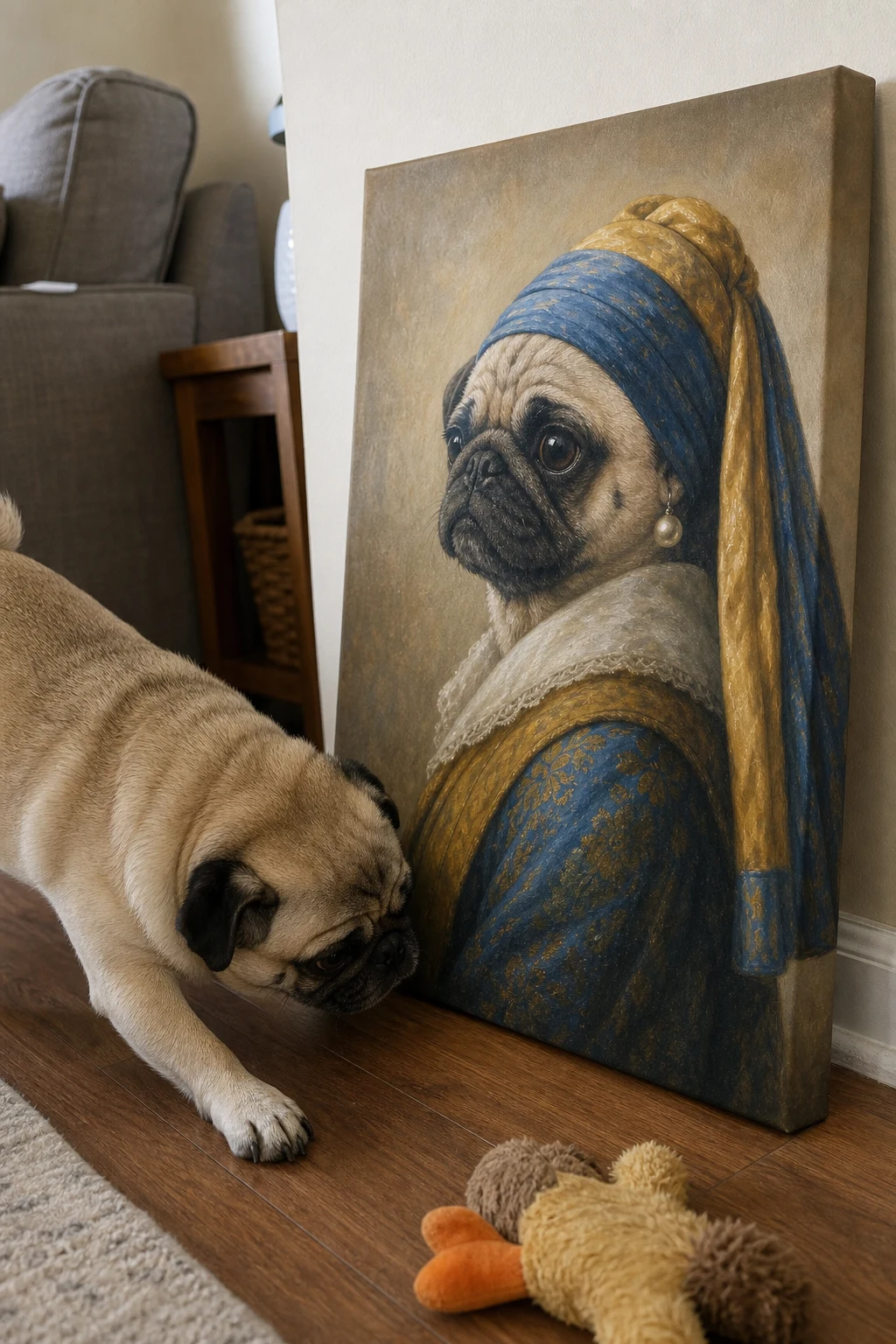 A real Pug sniffing a canvas print leaning on the floor. The canvas features an oil painting of the same Pug as a Dutch noblewoman.