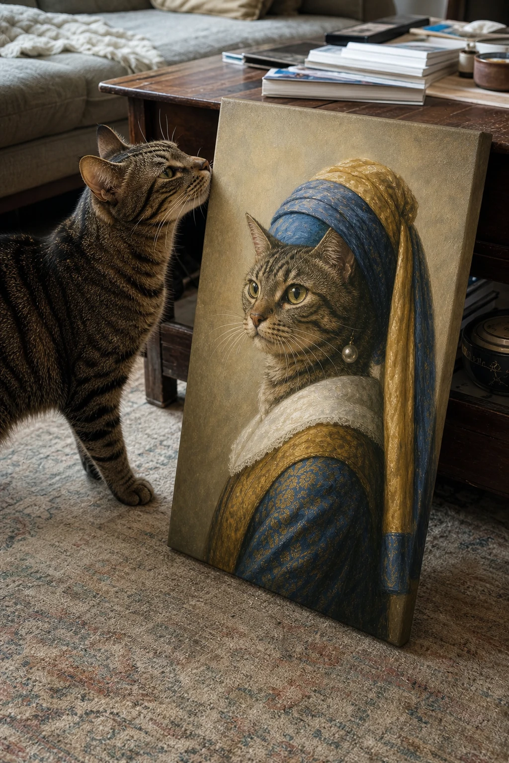 Real tabby cat sniffing a canvas print of itself painted as a Dutch noblewoman with a pearl earring in a messy living room.
