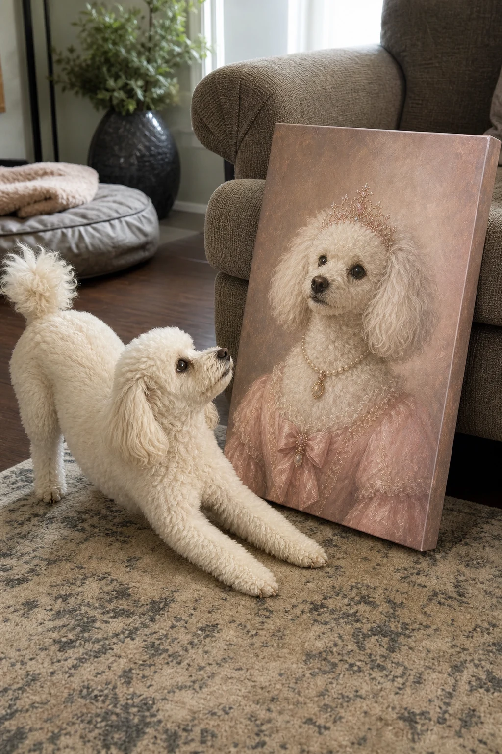 Candid home photo of a fluffy Poodle playfully sniffing a canvas print that features a Rococo-style painting of the dog as a sweet princess.