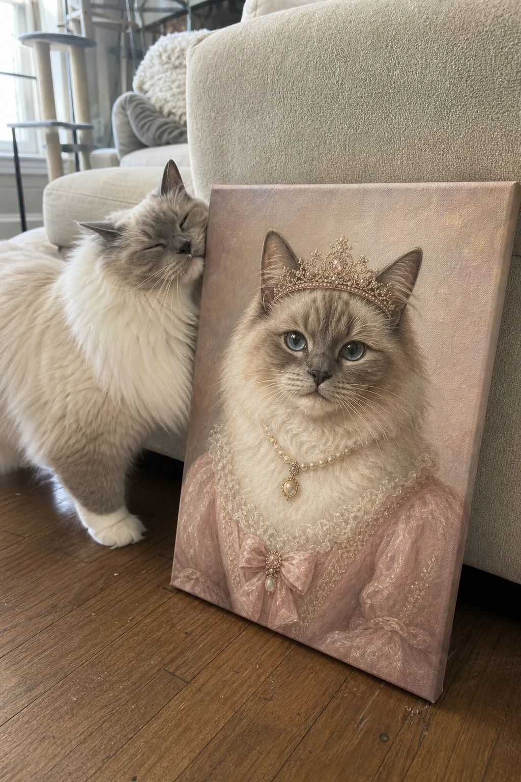 A real Ragdoll cat rubbing against a canvas print of itself painted as a princess in a pink gown, resting on a living room floor.