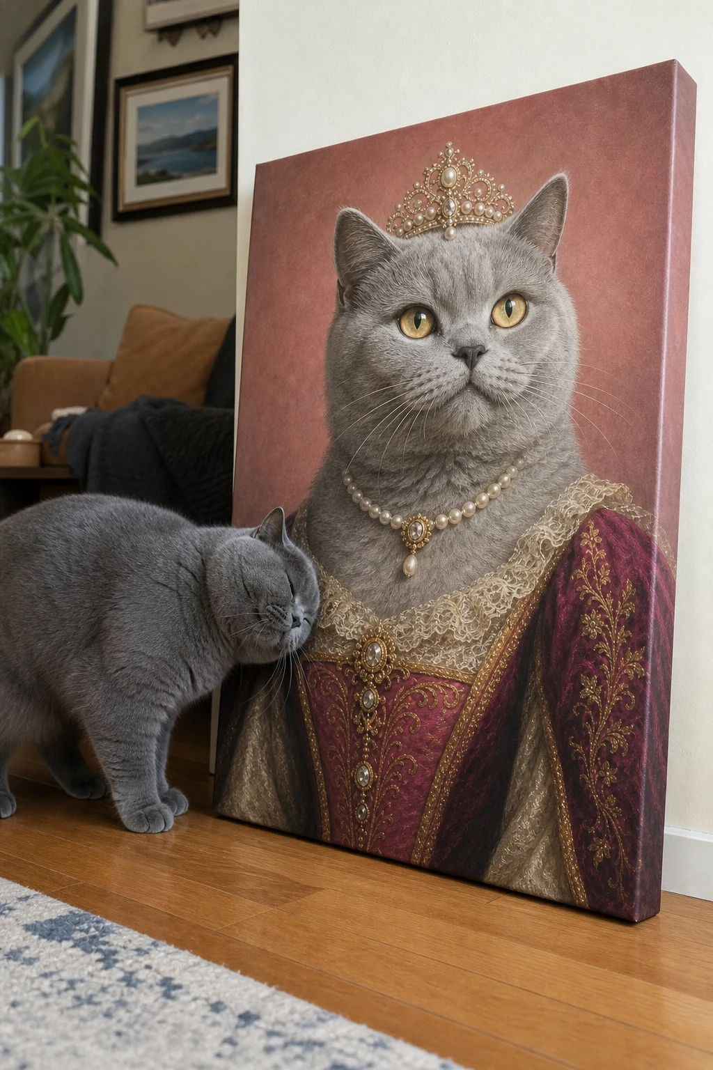 A candid photo of a British Shorthair cat playfully rubbing against a gallery-wrapped canvas print of itself painted as a royal queen.