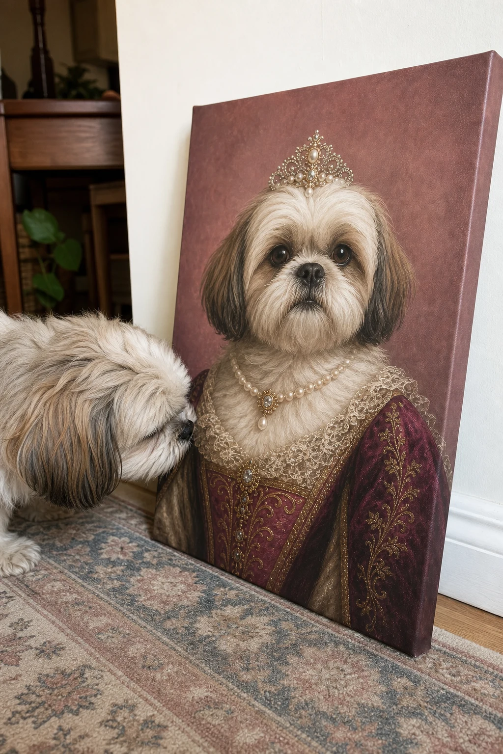 Candid photo of a real Shih Tzu sniffing a canvas print that features a Renaissance oil painting of the same dog as a royal queen.