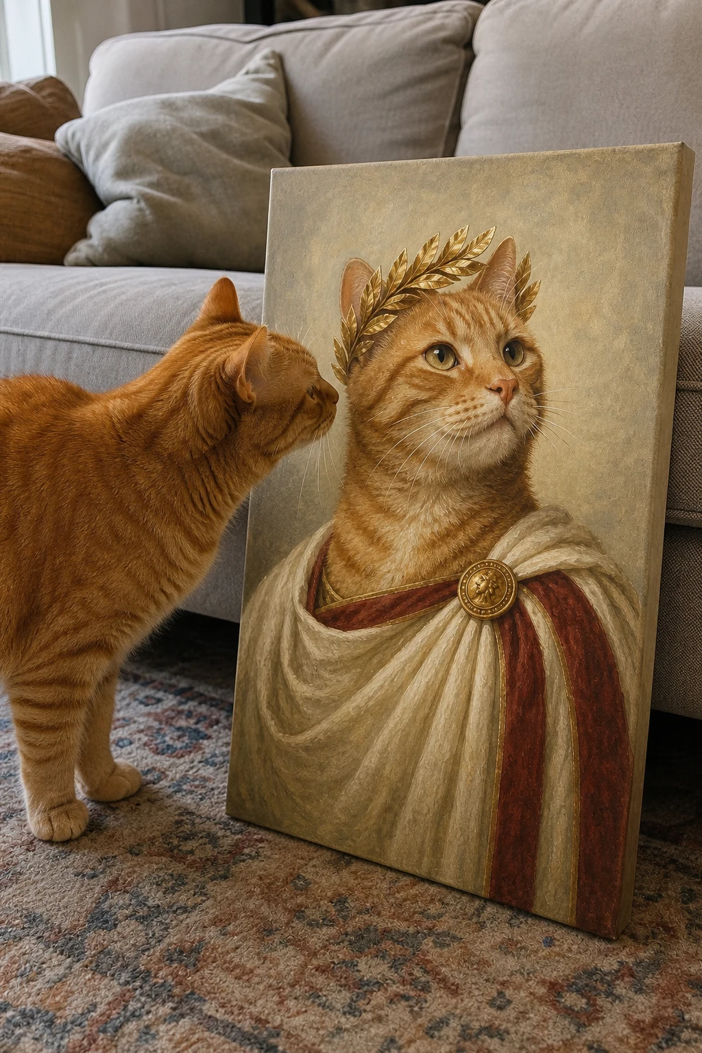 An orange tabby cat sniffs a canvas print leaning against a sofa, featuring a matching painting of the same cat as a Roman patrician.